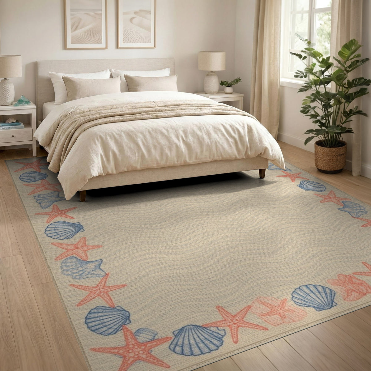 Coastal Beach Beige Coastal Seashell Starfish Area Rug