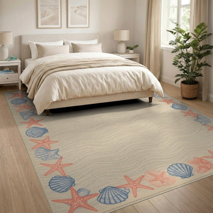 Coastal Beach Beige Coastal Seashell Starfish Area Rug