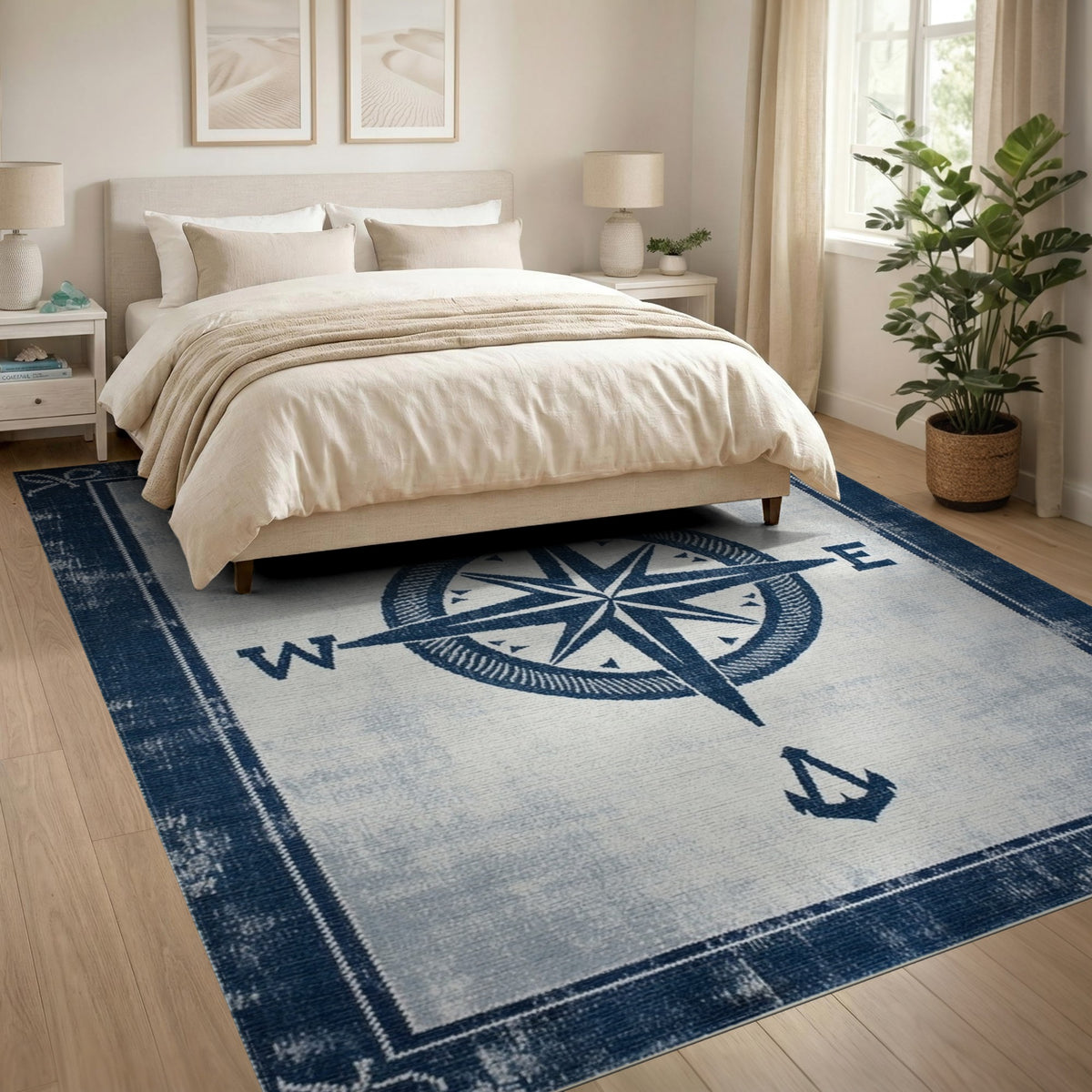 Blue Nautical Compass Washable Area Rug