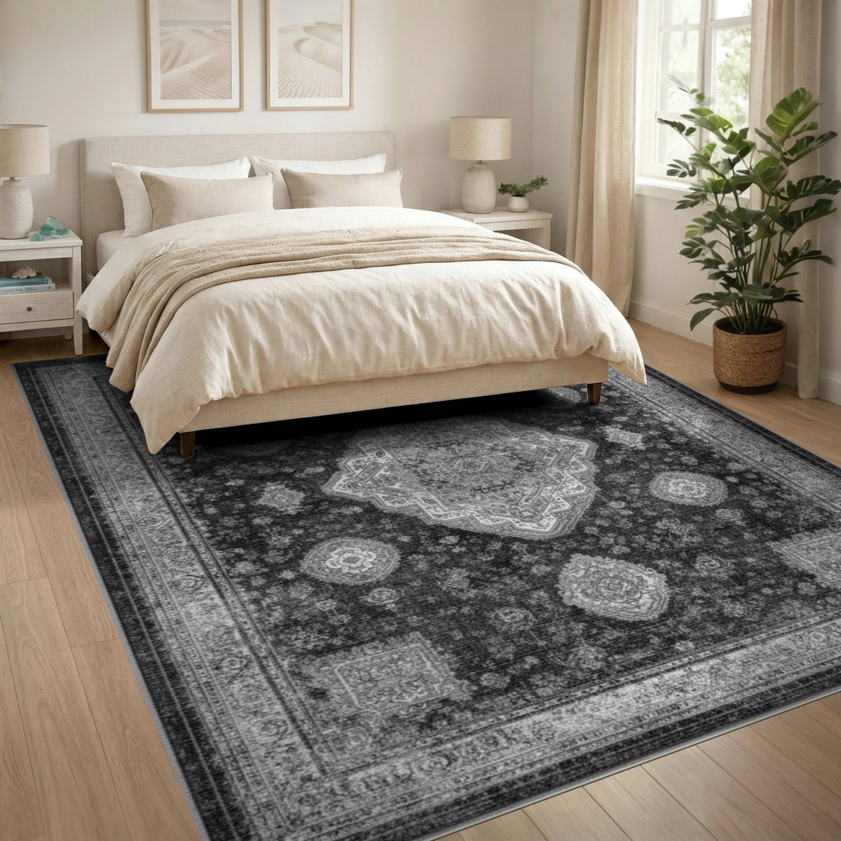 Black White Persian Medallion Area Rug