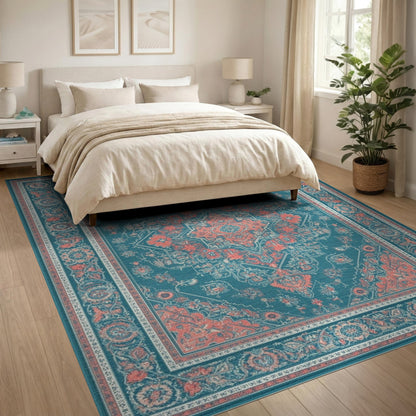 Teal Coral Traditional Persian Area Rug