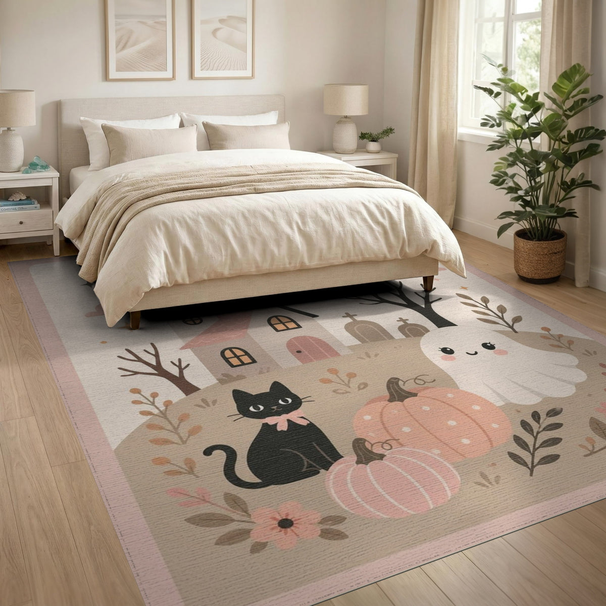 Beige and Neutral Whimsical Halloween Ghost Cat Area Rug