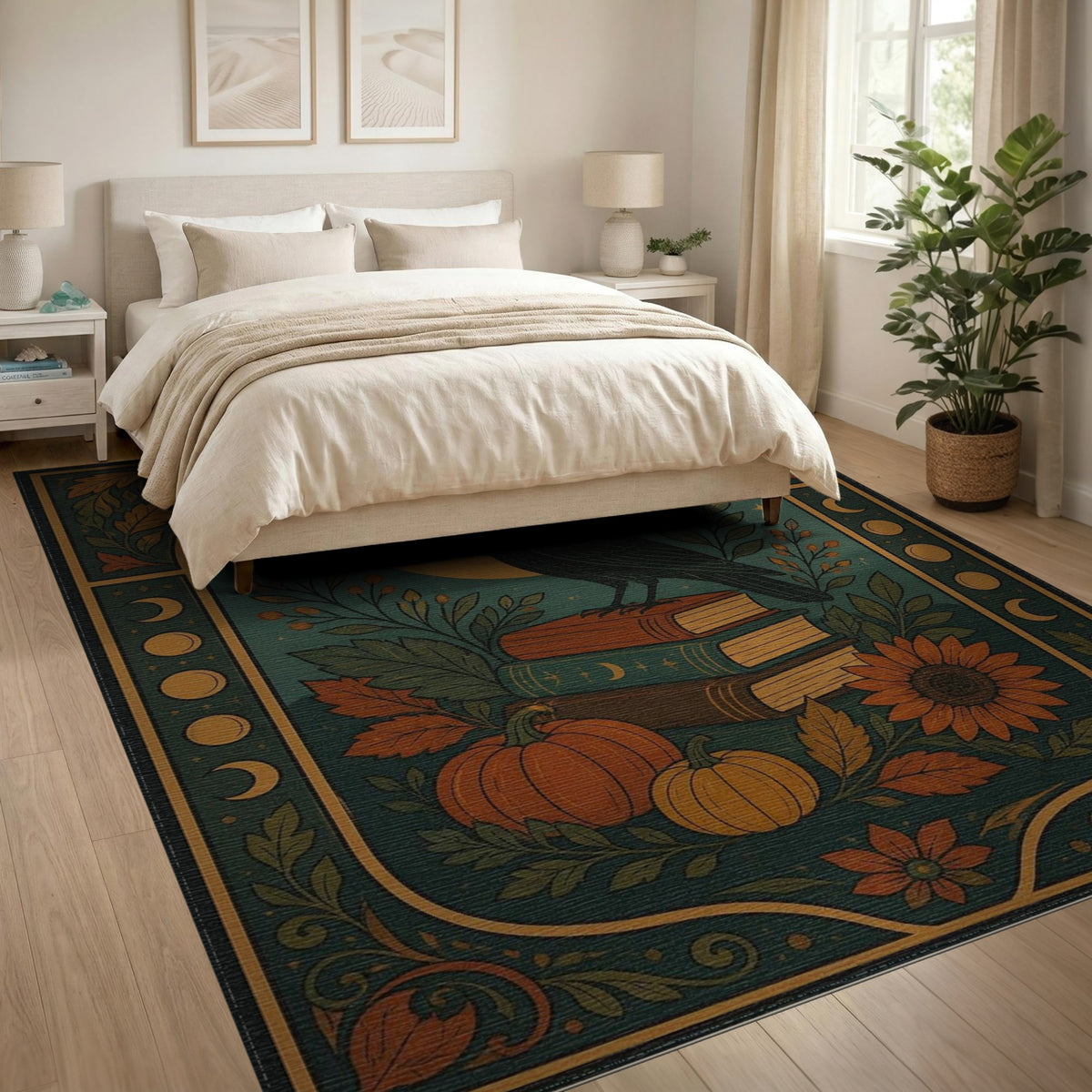 Raven Books Pumpkin Teal Area Rug