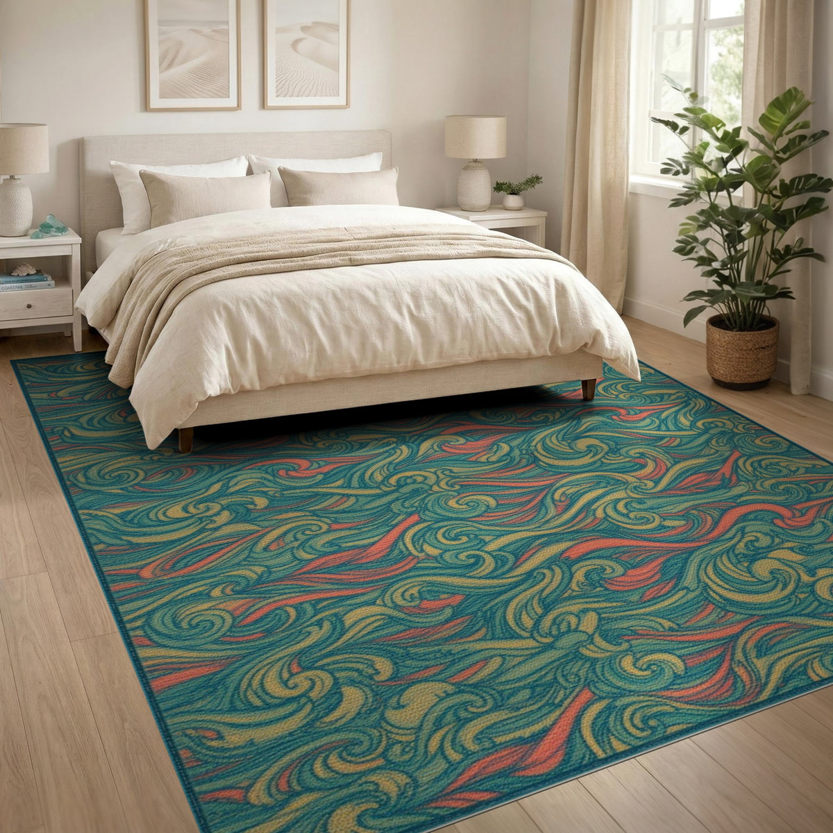 Vibrant Teal Wave Swirl Area Rug