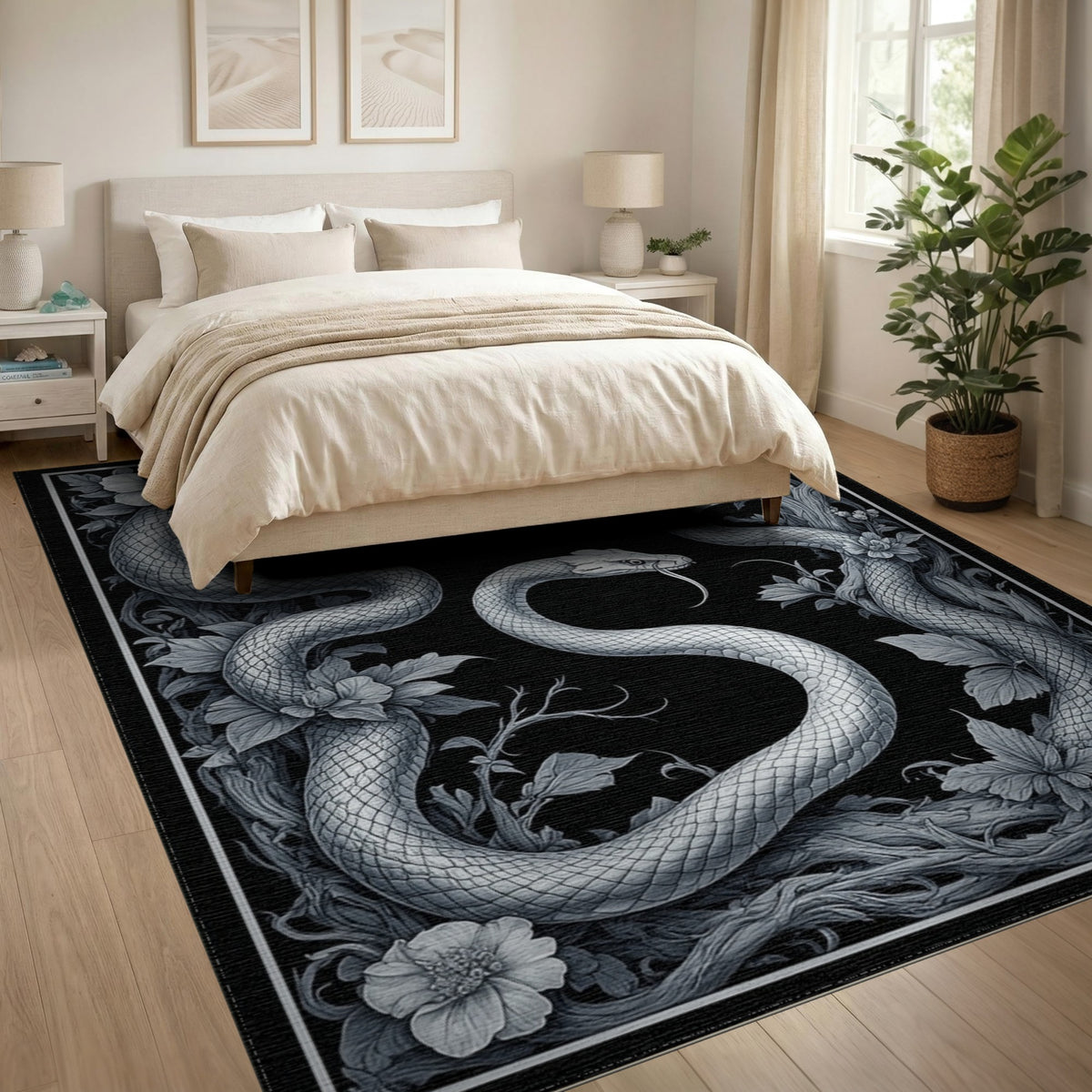 Floral Vintage Black White Serpent Floral Area Rug