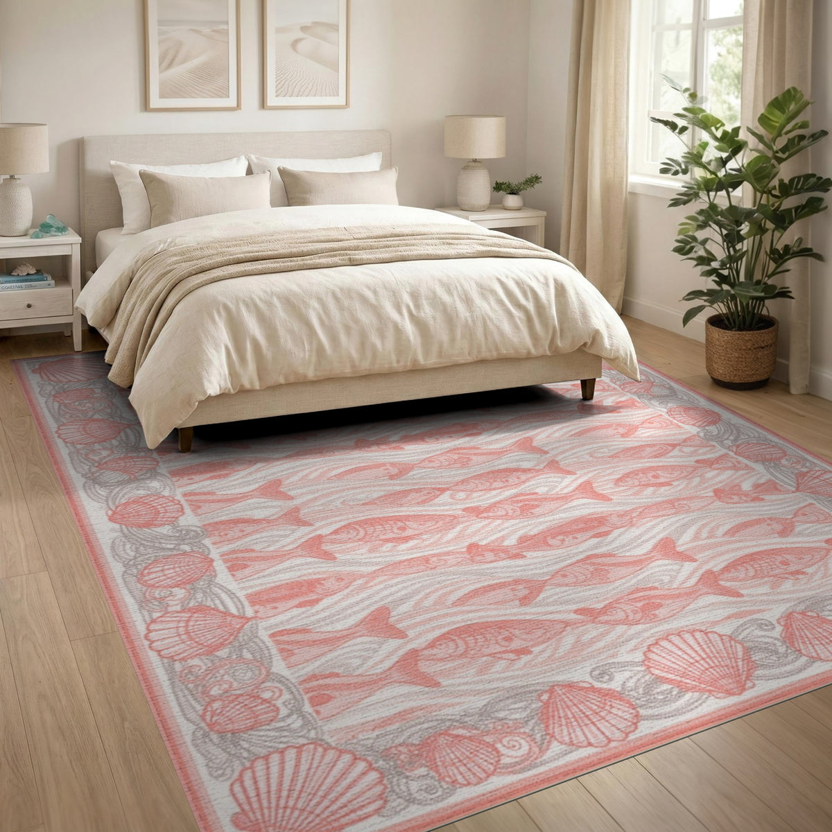 Pink Fish and Seashell Washable Area Rug