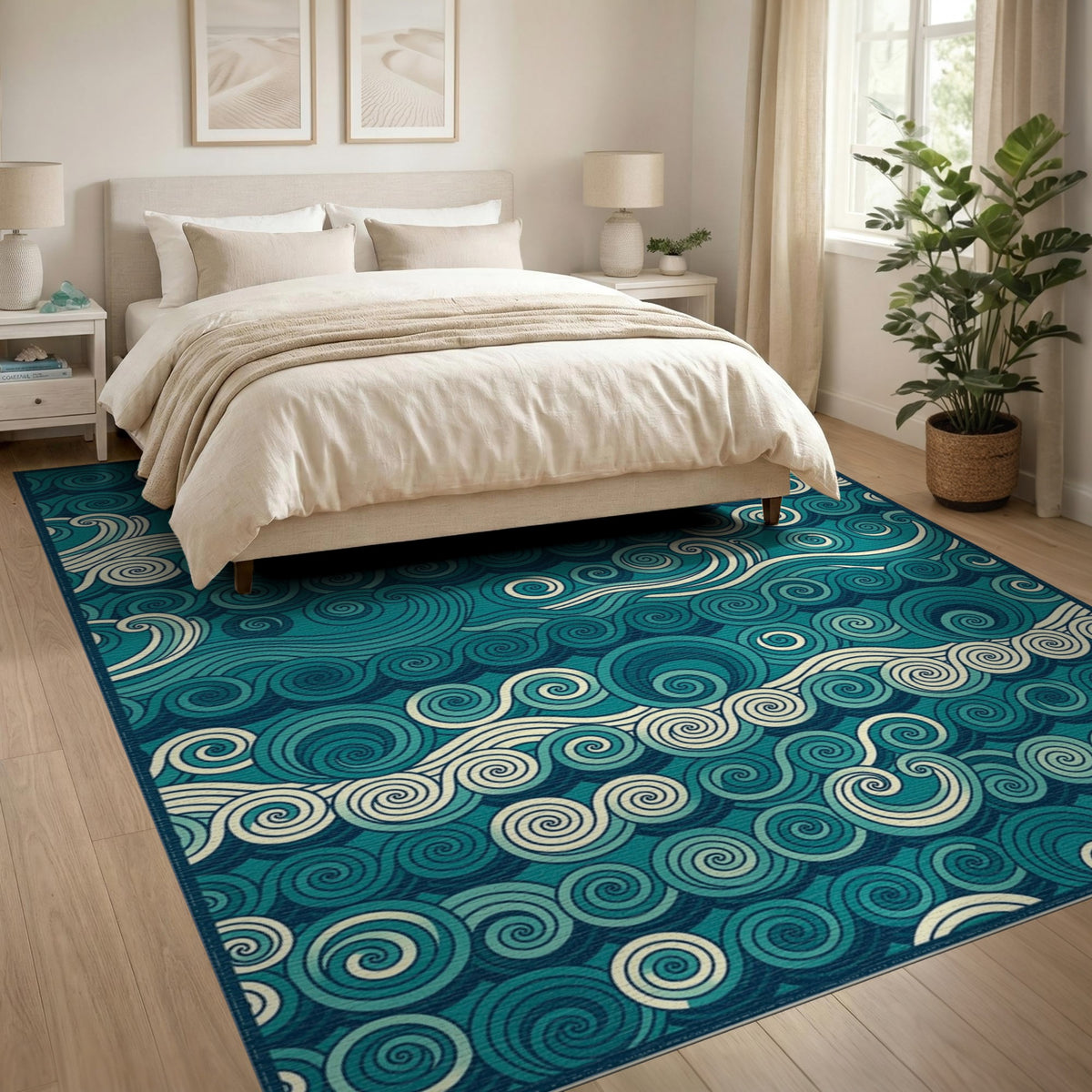 Blue Teal Swirling Waves Area Rug