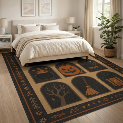 Halloween Folk Art Area Rug in Brown Tan