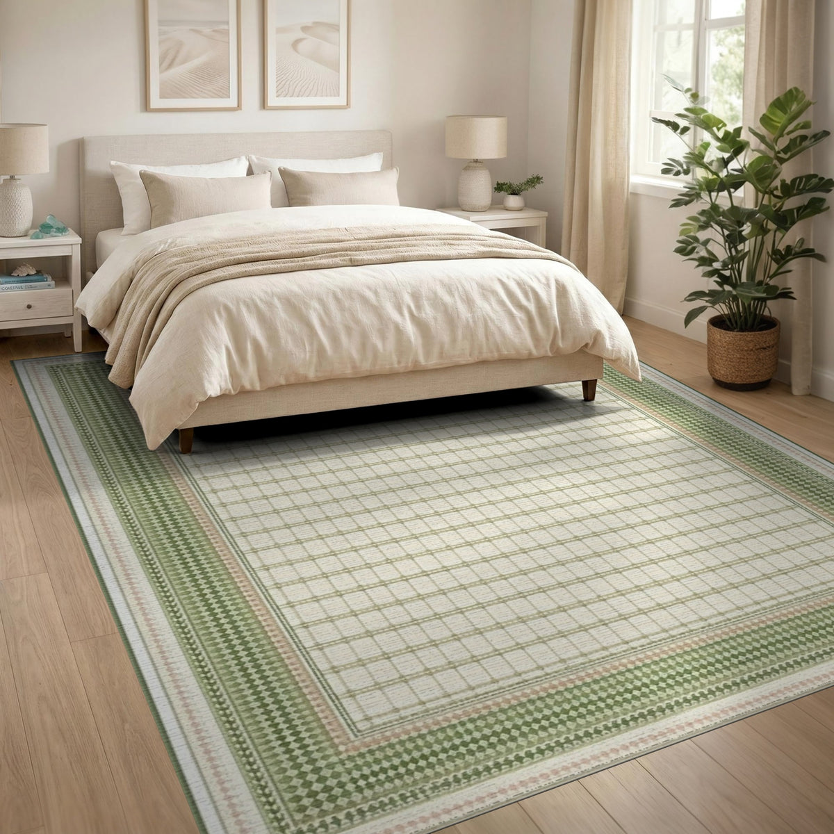 Green Geometric Lattice Border Area Rug
