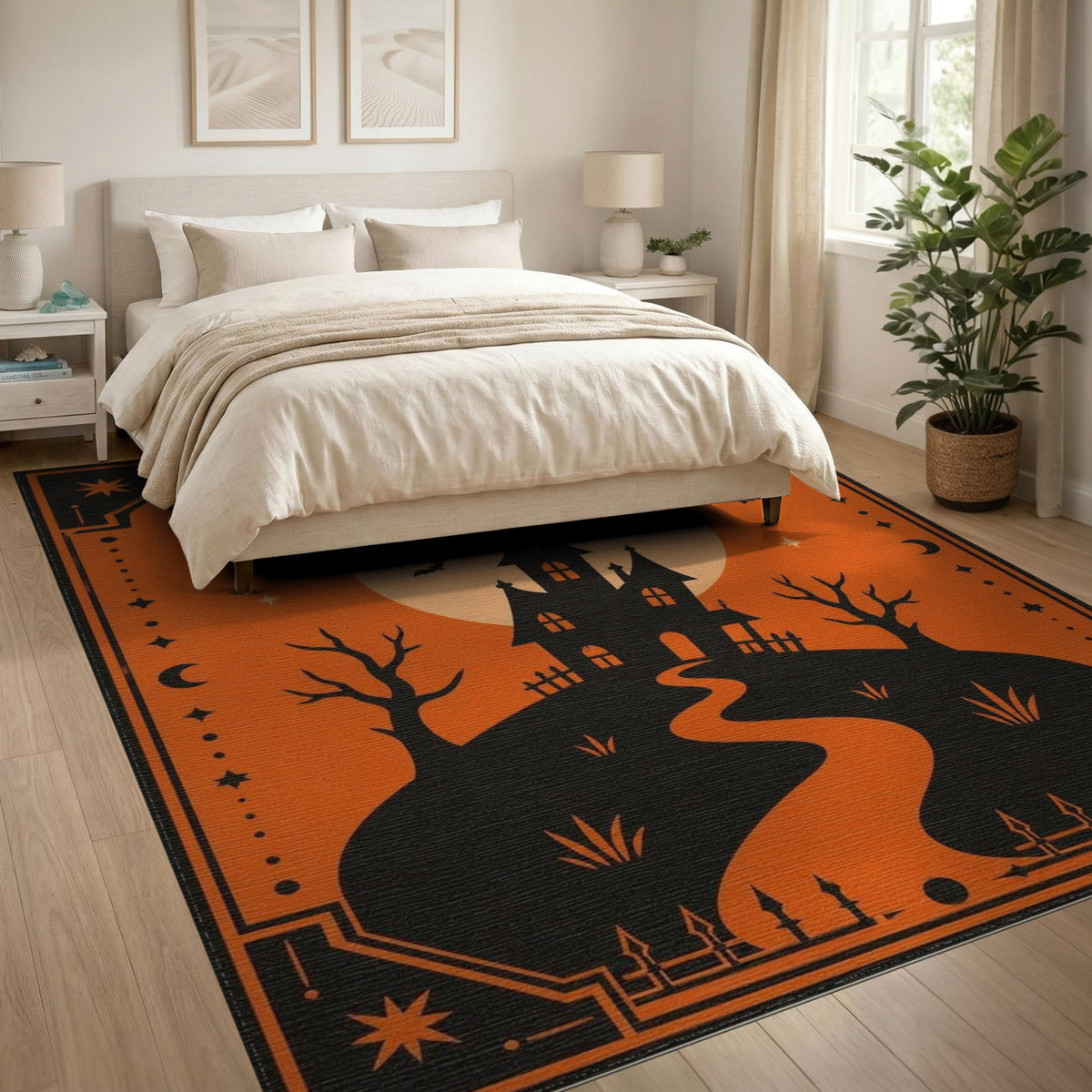 Spooky Haunted House Orange Halloween Area Rug