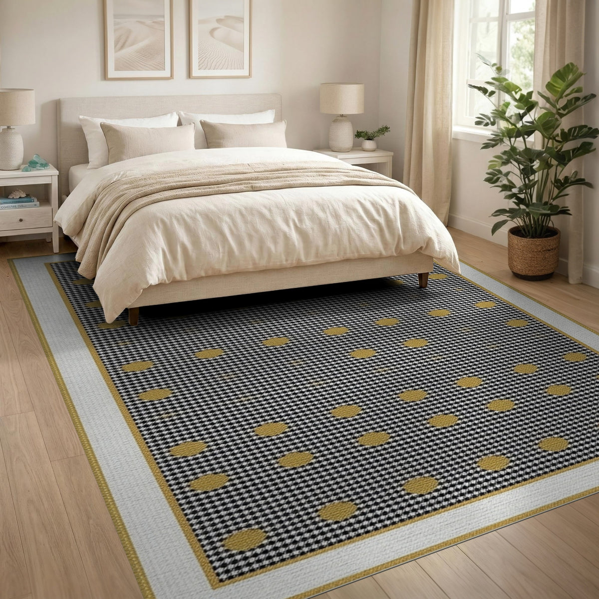 Black White Gold Dot Geometric Area Rug