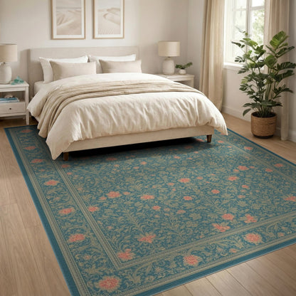 Blue Teal Floral Vintage Area Rug