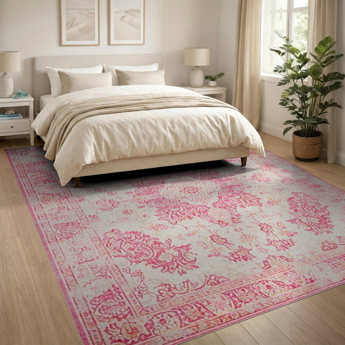 Distressed Vintage Pink Distressed Floral Area Rug