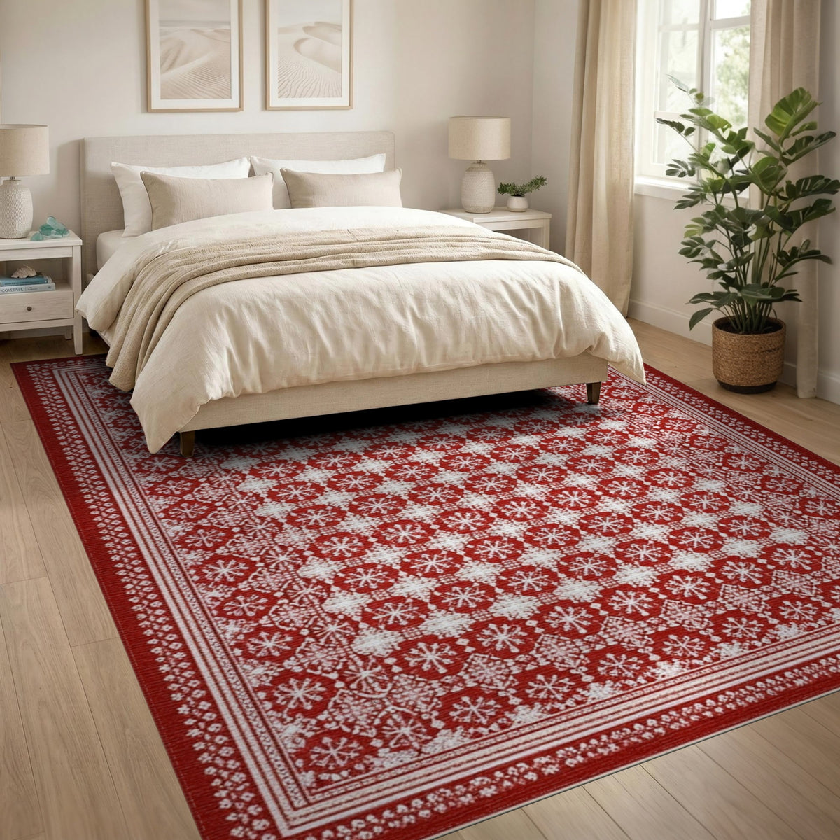 Red Snowflake Geometric Area Rug