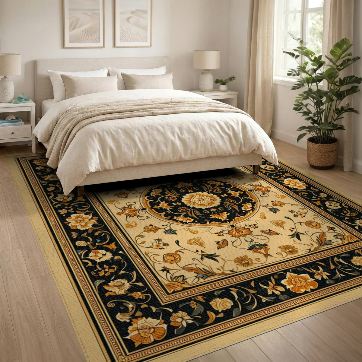 Black and Gold Persian Floral Medallion Rug
