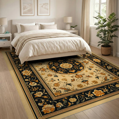 Black and Gold Persian Floral Medallion Rug