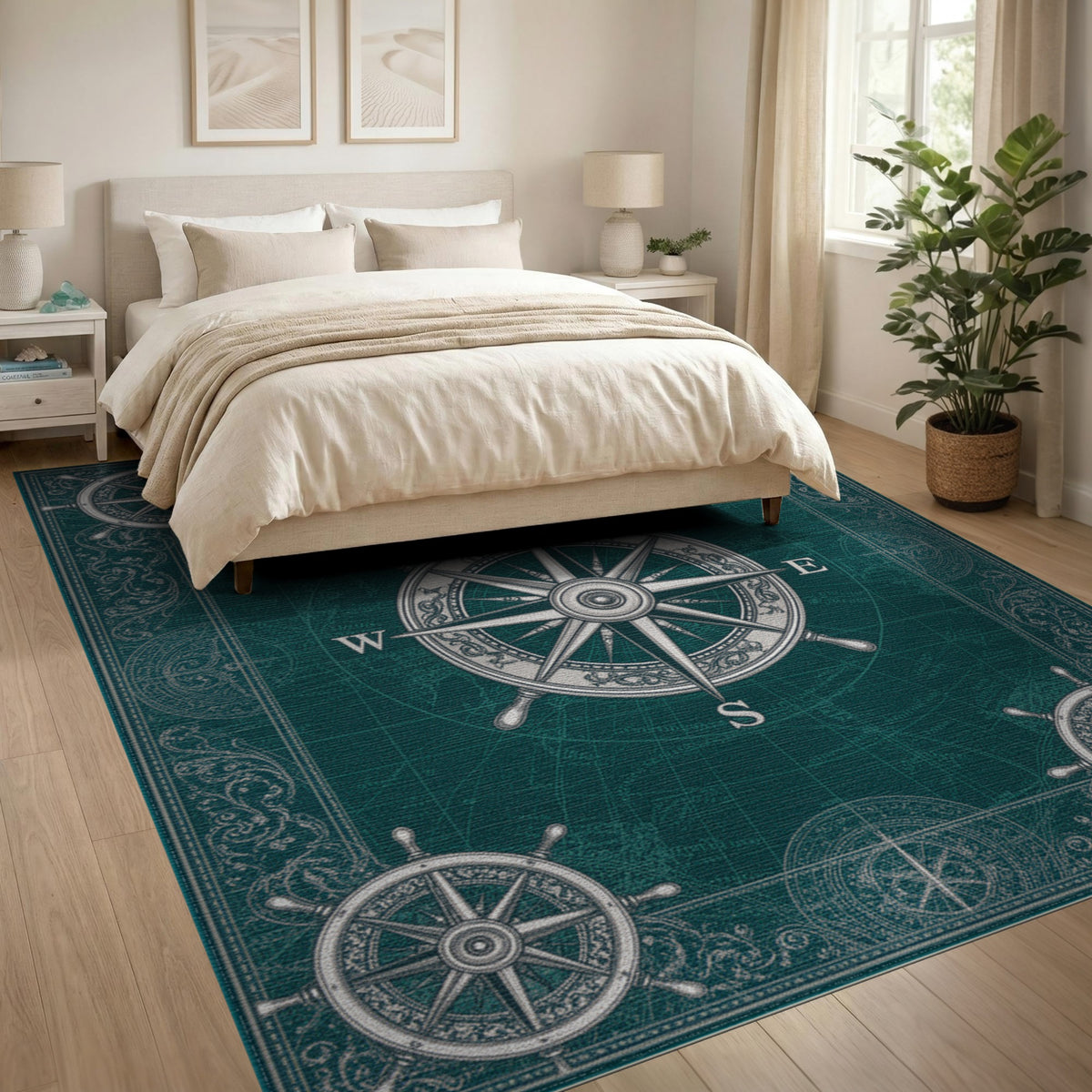 Vintage Nautical Compass Teal Area Rug