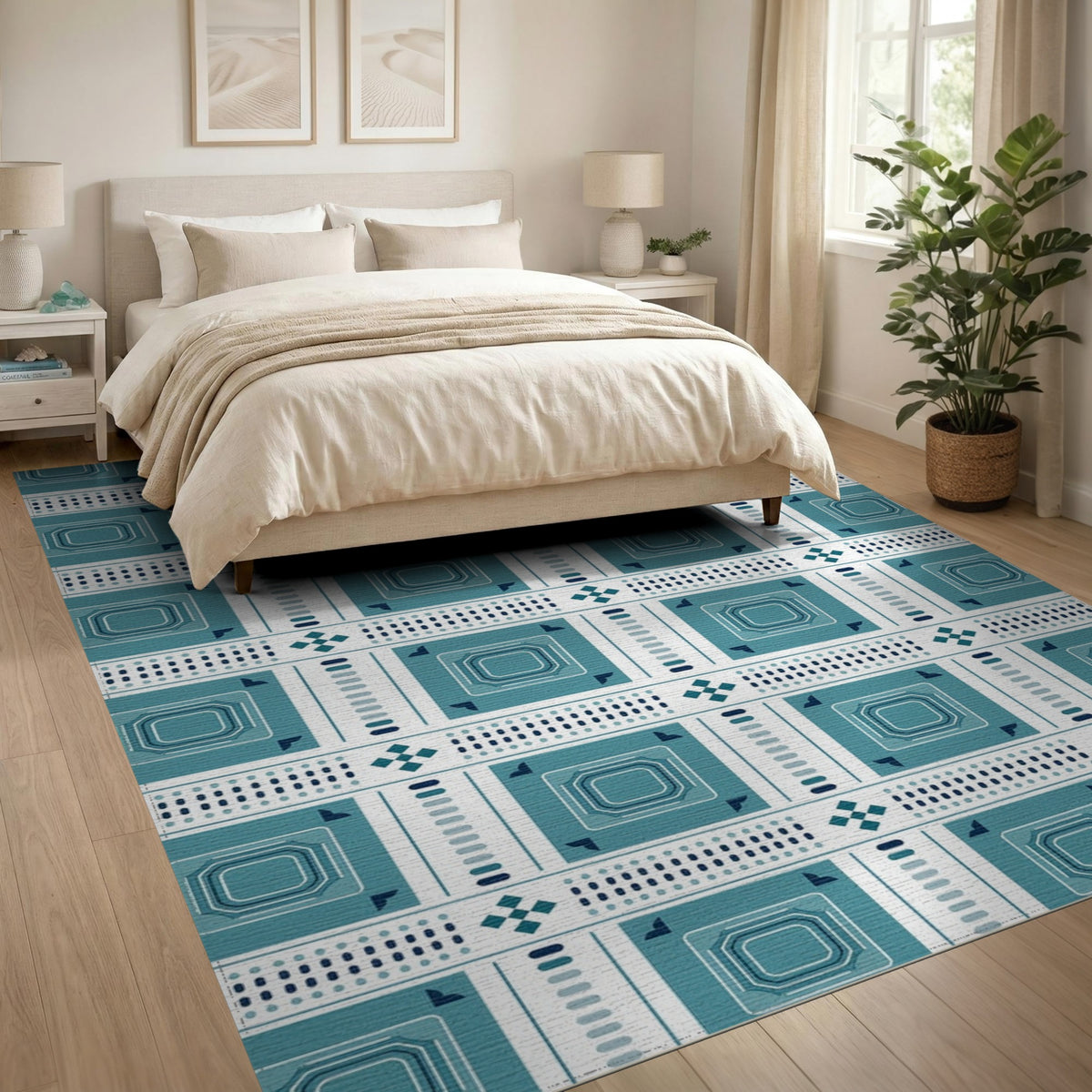 Blue and Teal Geometric Washable Area Rug
