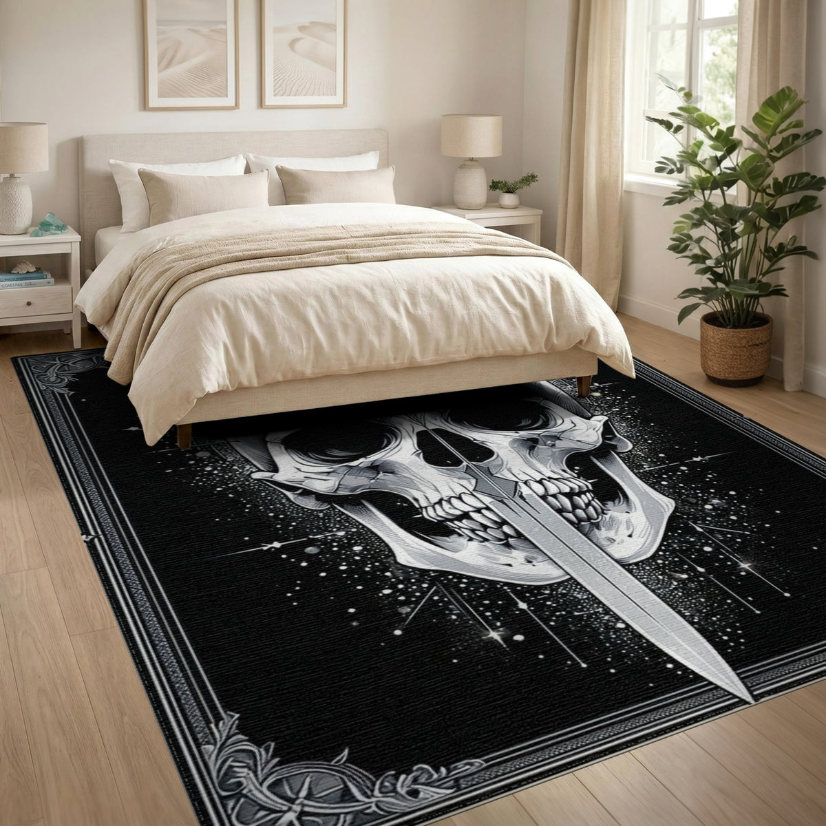 Gothic Skull Sword Black White Area Rug