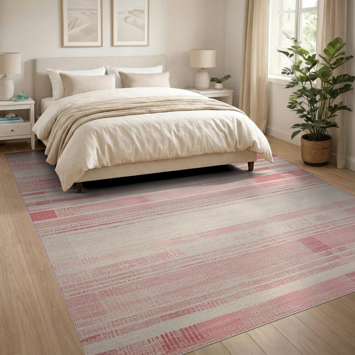 Pink Distressed Striped Area Rug