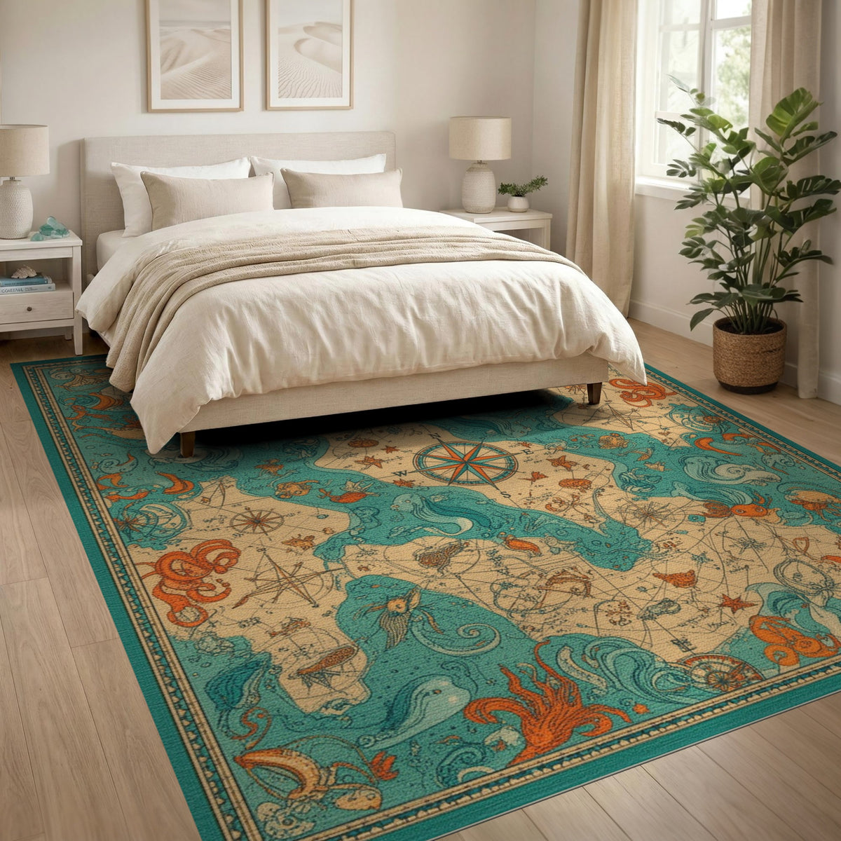 Vintage Nautical Map Octopus Area Rug