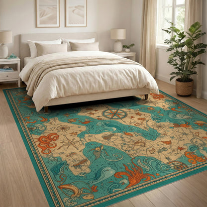 Vintage Nautical Map Octopus Area Rug