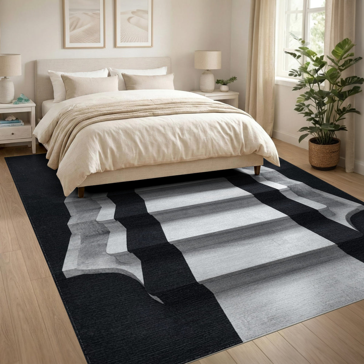 Black White Geometric Staircase Area Rug