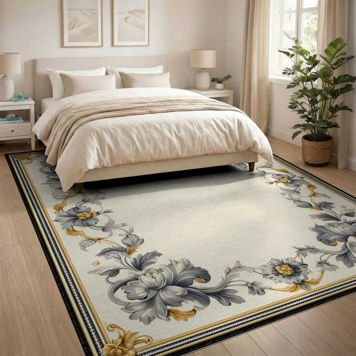 Grey Floral Vintage Border Washable Area Rug