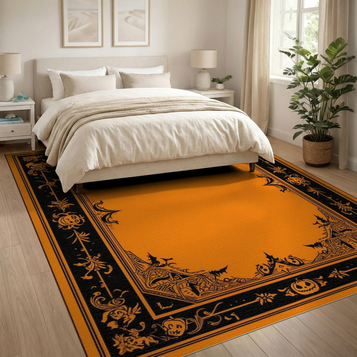 Orange Halloween Cartoon Area Rug with Pumpkins