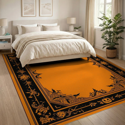 Orange Halloween Cartoon Area Rug with Pumpkins