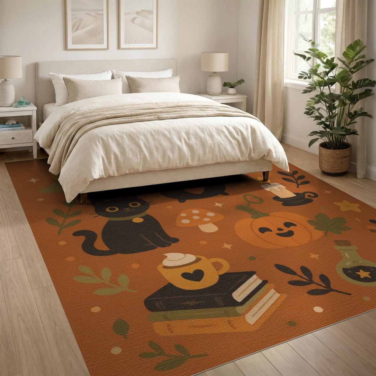 Halloween Orange Cartoon Rug with Black Cat and Pumpkin