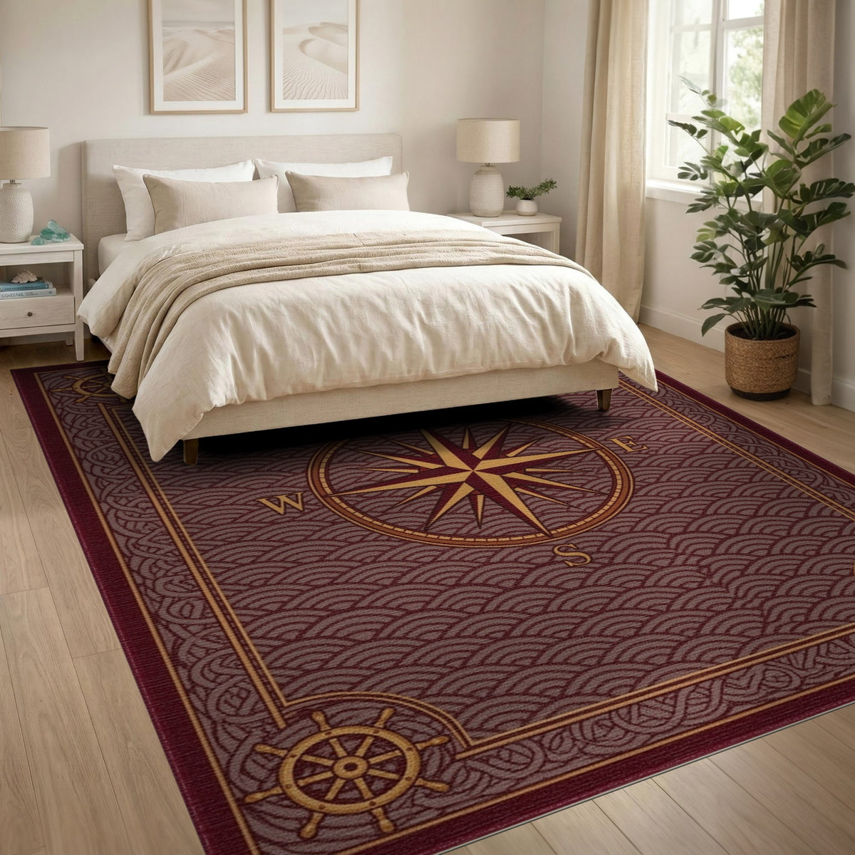 Coastal Beach Red Nautical Compass Area Rug
