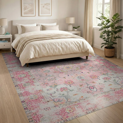 Pink Floral Vintage Washable No. 68 Area Rug