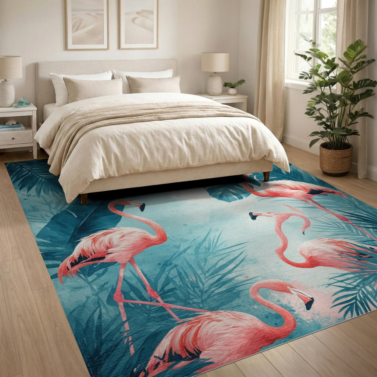 Pink Flamingo Teal Coastal Washable Area Rug