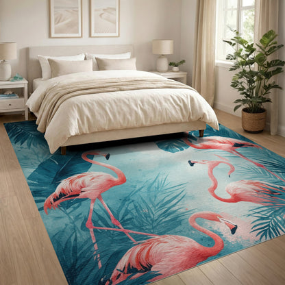 Pink Flamingo Teal Coastal Washable Area Rug