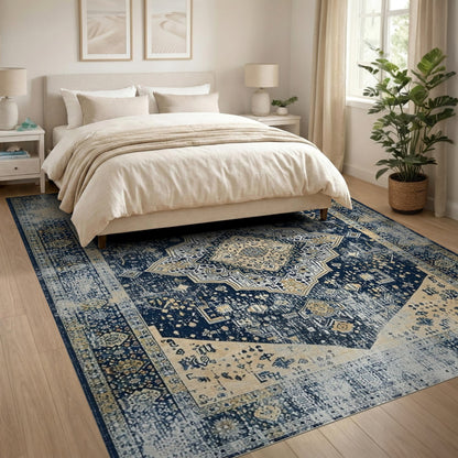 Navy Blue Distressed Vintage Medallion Rug