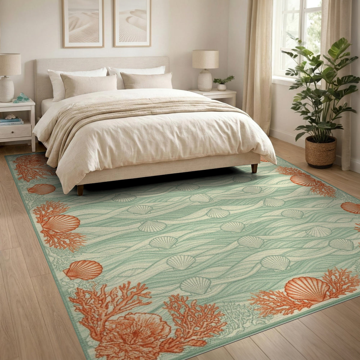 Teal Coastal Seashell Coral Area Rug