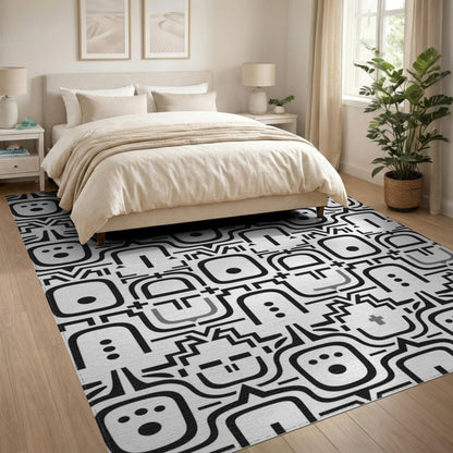 Black White Tribal Mask Area Rug