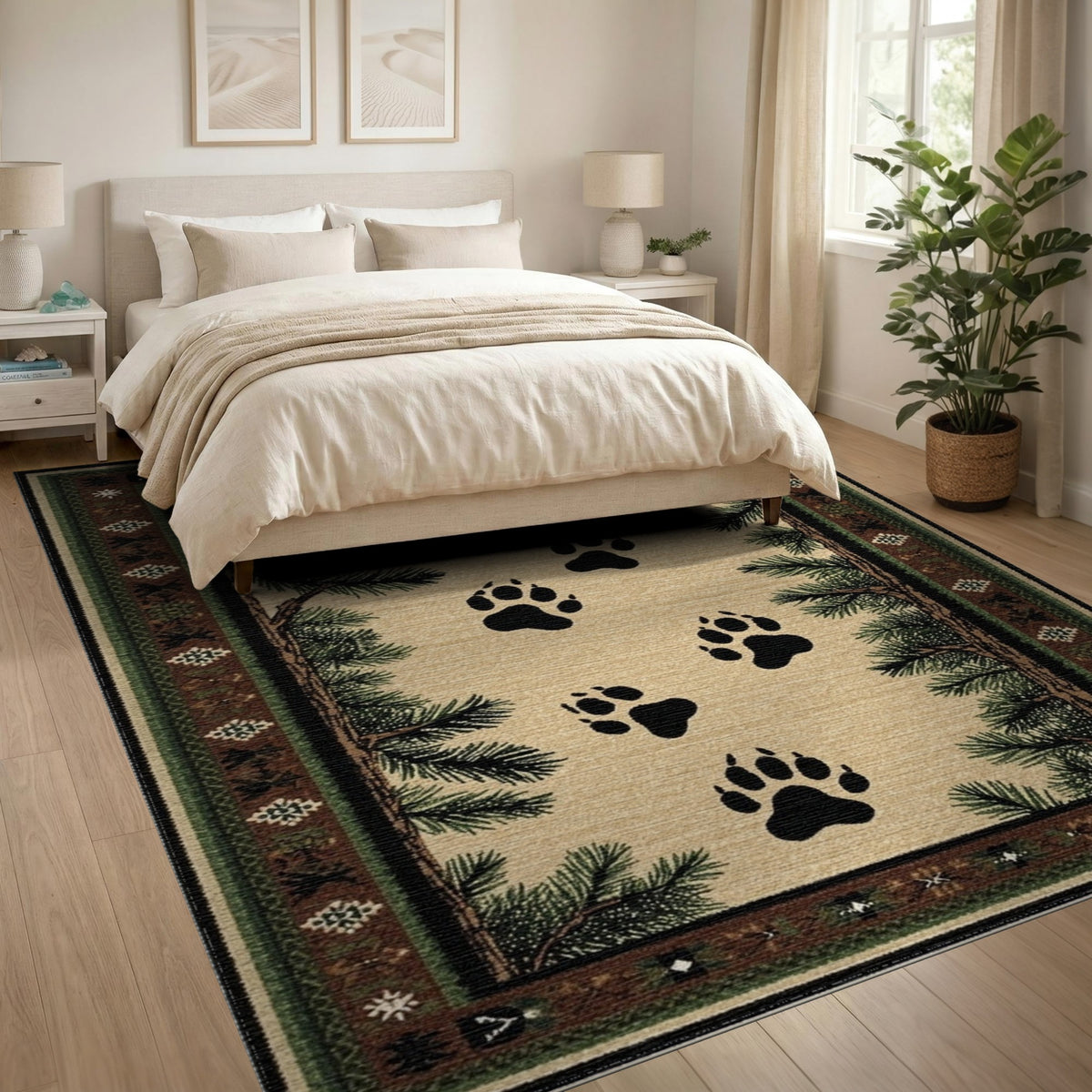 Bear Paw Tracks Pine Border Area Rug