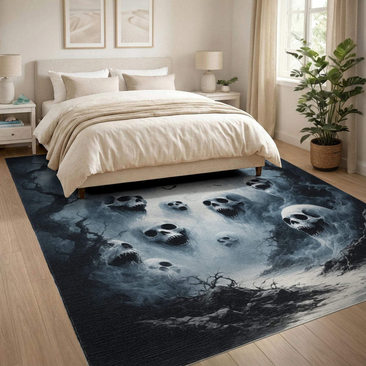 Eerie Skulls and Bats Black White Area Rug