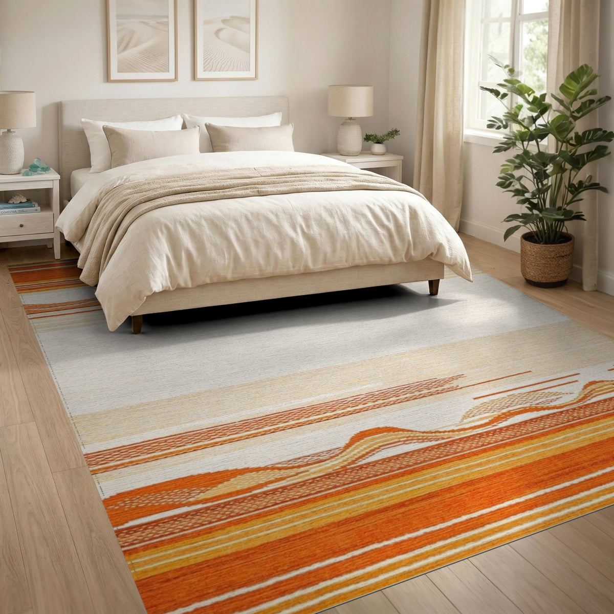 Orange Geometric Wave Striped Area Rug