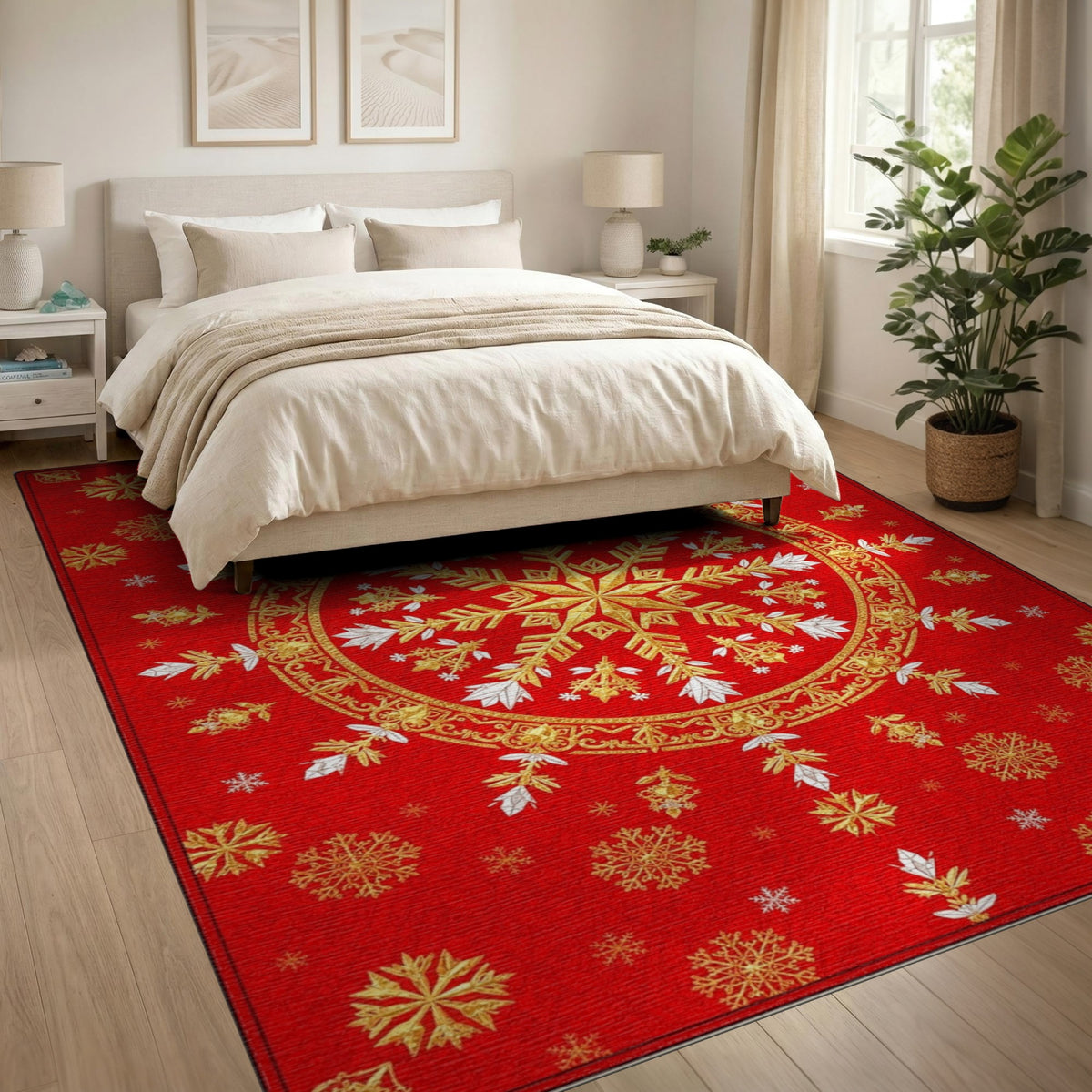 Red Gold Snowflake Medallion Area Rug