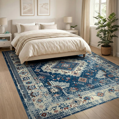 Blue and Teal Blue Distressed Tribal Area Rug