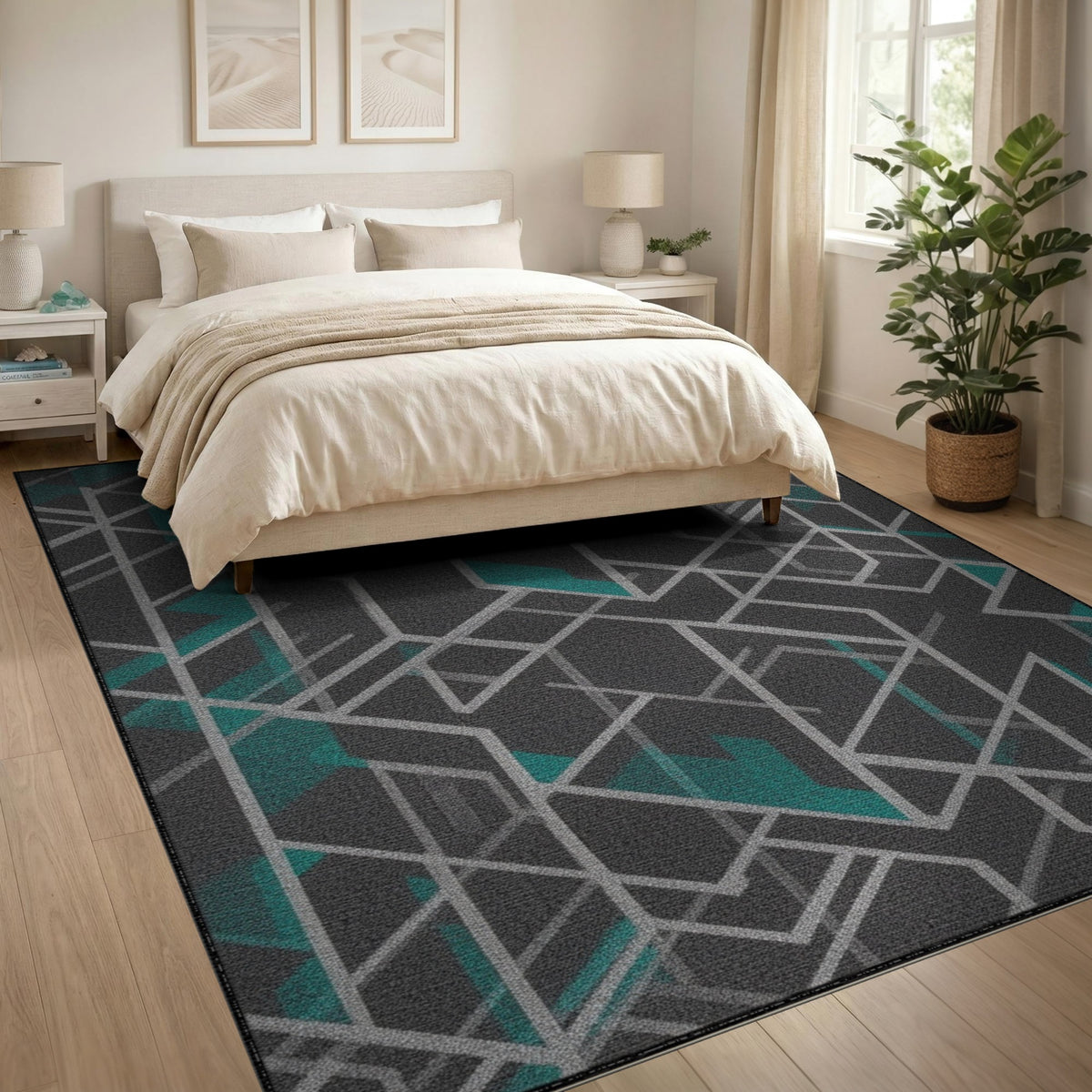 Grey Teal Geometric Area Rug