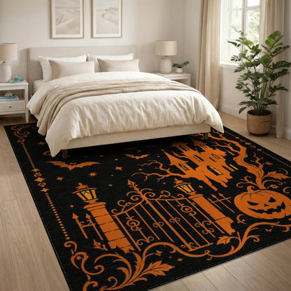 Haunted Castle Halloween Orange Washable Area Rug