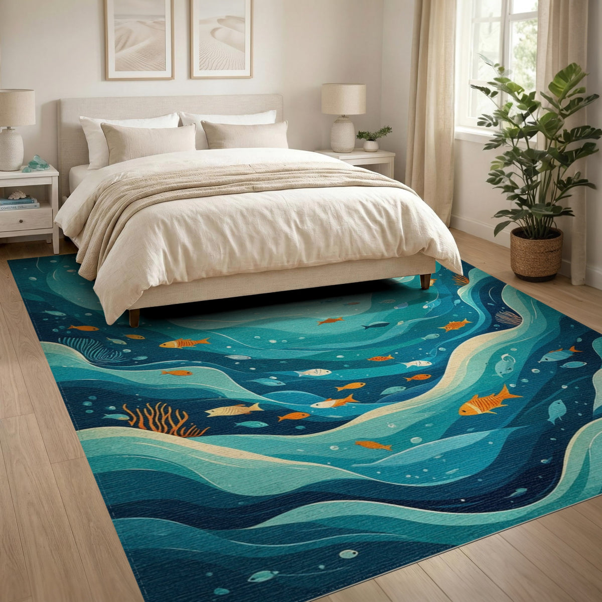 Ocean Wave Fish Blue Teal Area Rug