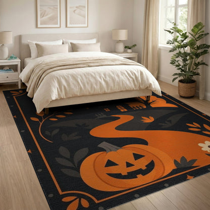 Orange Halloween Pumpkin Haunted House Kids Area Rug