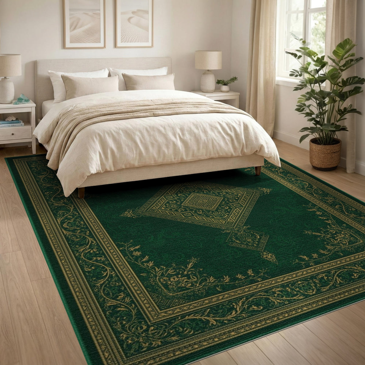 Green Persian Area Rug with Gold Medallion
