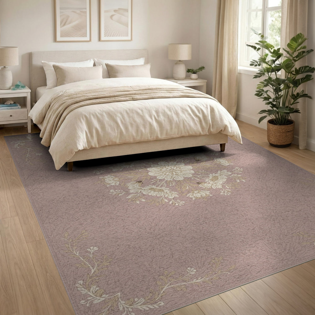 Pink Floral Vintage Area Rug with Medallion
