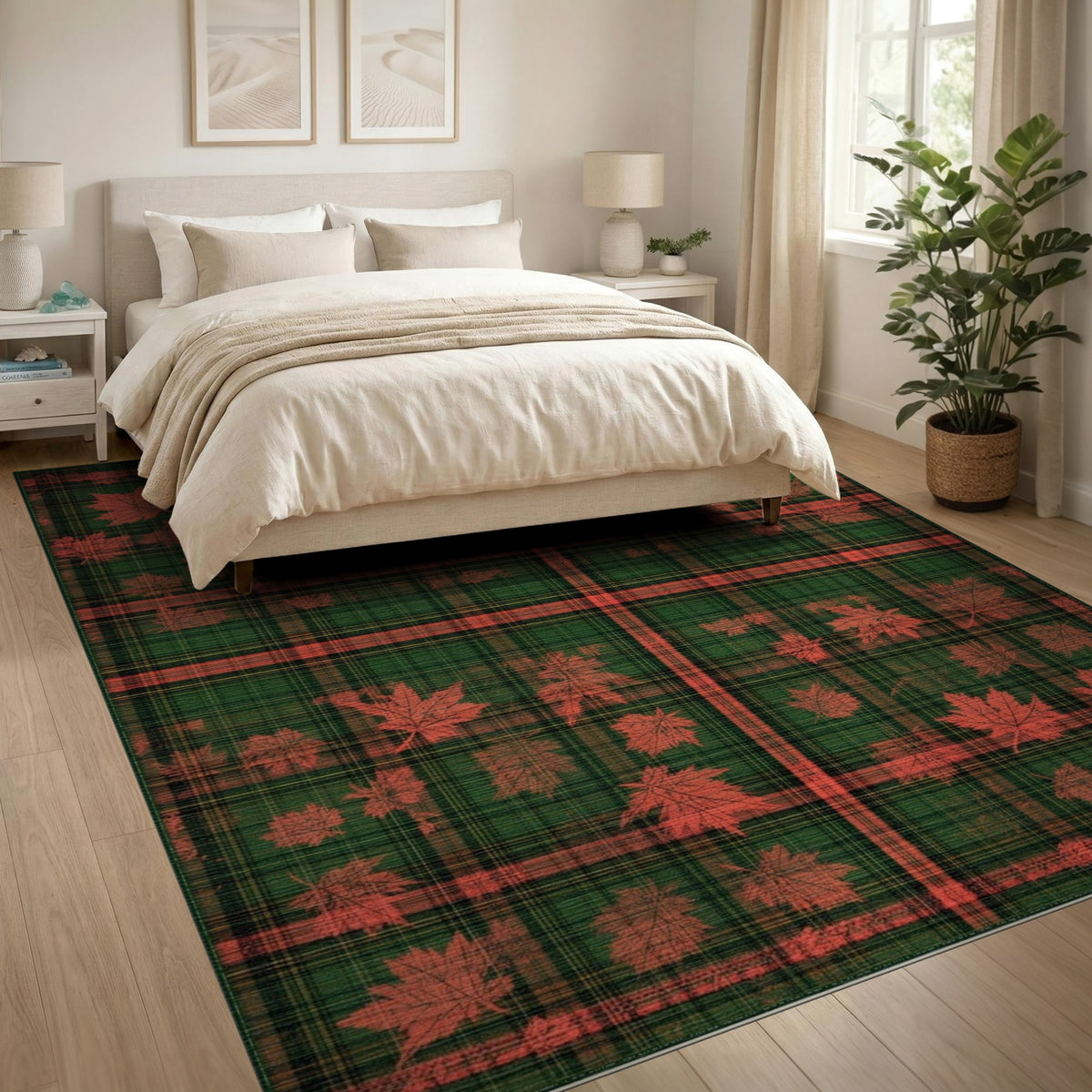 Green Plaid Maple Leaf Washable Area Rug